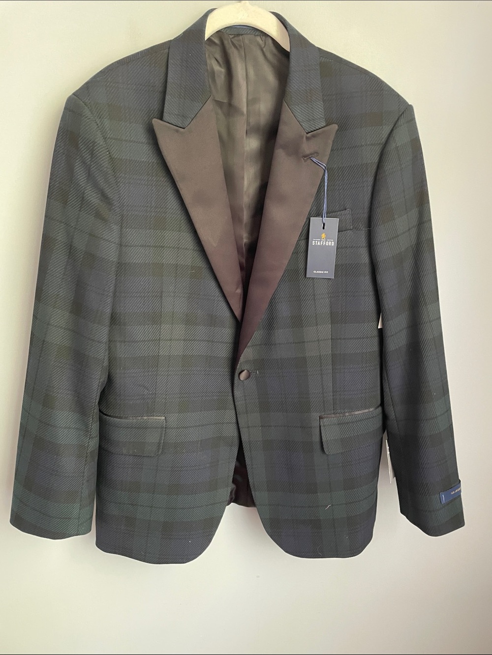 New Stafford Evening Green Plaid Satin-Lapel Tuxedo Blazer Size 42 Short